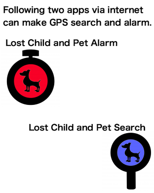 Following two apps via internet can make GPS search and alarm. Lost Child and Pet Alarm Lost Child and Pet Search
