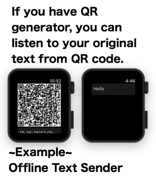 If you have QR generator, you can listen to your original text from QR code. Example Offline Text Sender  
