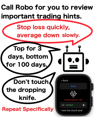 Call Robo for you to review important trading hints. Stop loss quickly, average down slowly. Top for 3 days, bottom for 100 days. Don't touch the dropping knife. Repeat Specifically