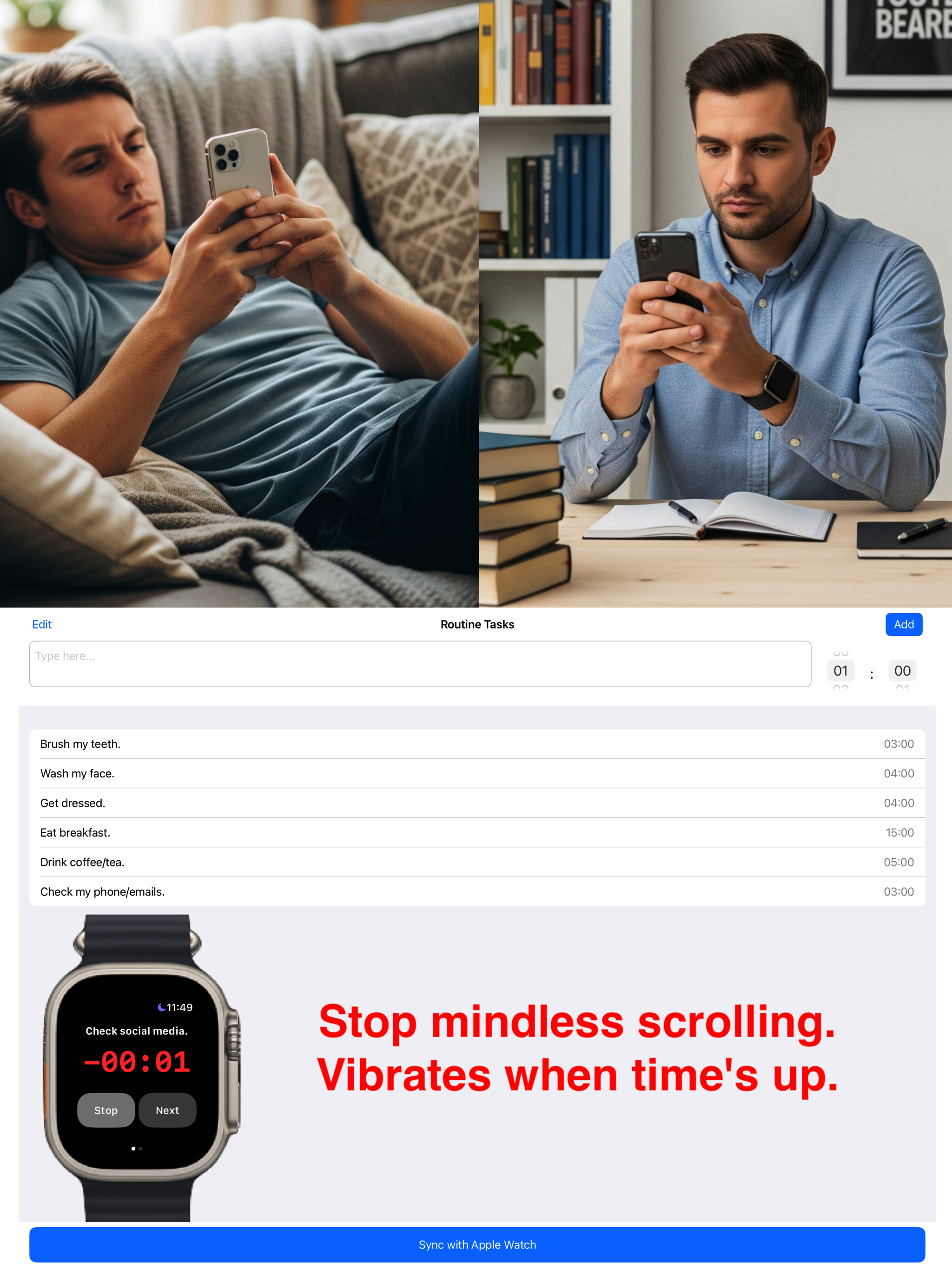 Stop mindless scrolling. Vibrates when time’s up.